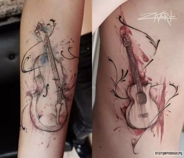 Tattoo assosiert med musikk: skisser av musikalske tatoveringer. Tatovering på hånden og på nakken, liten og stor. Tatoveringer for menn og jenter 13868_8