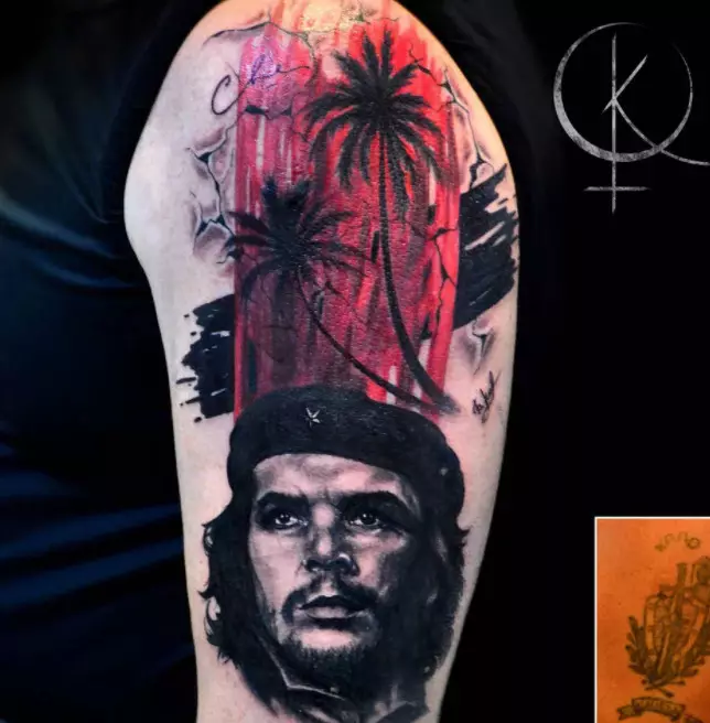 Tattoo“Che Guevara”（31张照片）：Ernesto Che Guevara Tattoo，肩部和乳房的草图和款式概述，最好的想法 13875_23