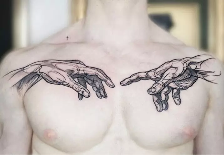 Tetování „Tvorba Adama“: hodnota tetování, kde dvě ruce táhnou navzájem, skic, tetování na hrudi (na okrajích) a jiné části těla 13898_2