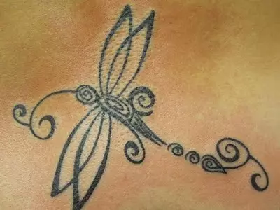Tattoo na Dragonfly (Picha 47): Thamani ya tattoo kwa wasichana na kwa wanaume, michoro ya mini-tattoo na kubwa, tattoo juu ya mkono na nyuma, juu ya bega na sehemu nyingine za mwili 13916_20