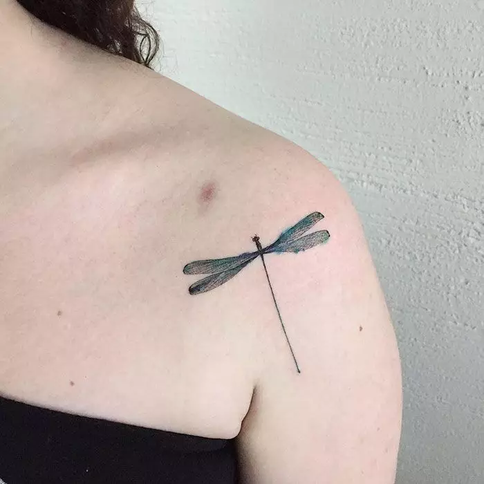 Tattoo me dragonfly (47 foto): vlera e tatuazheve për vajzat dhe për burrat, skicat e mini-tatuazhit dhe të mëdha, tatuazh në dore dhe në anën e pasme, në shpatull dhe në pjesë të tjera të trupit 13916_35