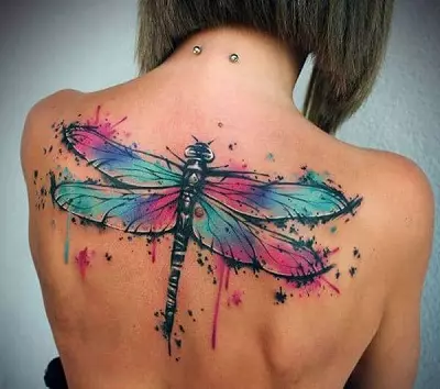 Tattoo med dragonfly (47 bilder): Värdet av tatueringar för tjejer och för män, skisser av mini-tatuering och stor, tatuering på handleden och på baksidan, på axeln och på andra delar av kroppen 13916_8