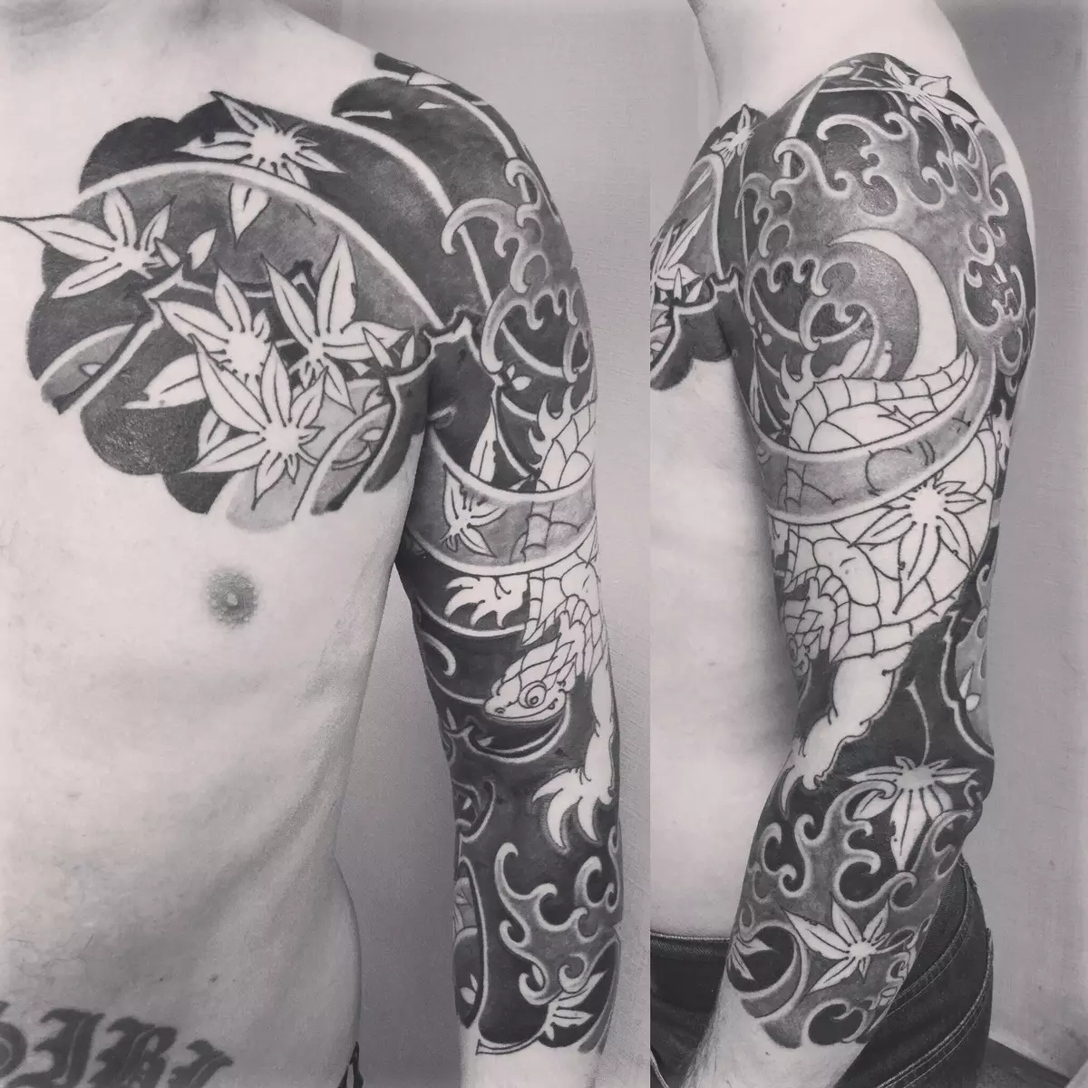 იაპონიის Tattoo Sleeves: იაპონური tattoo სკეტჩები, შავი და თეთრი და ფერადი. ნახევრად აუქციონი და მთელი 