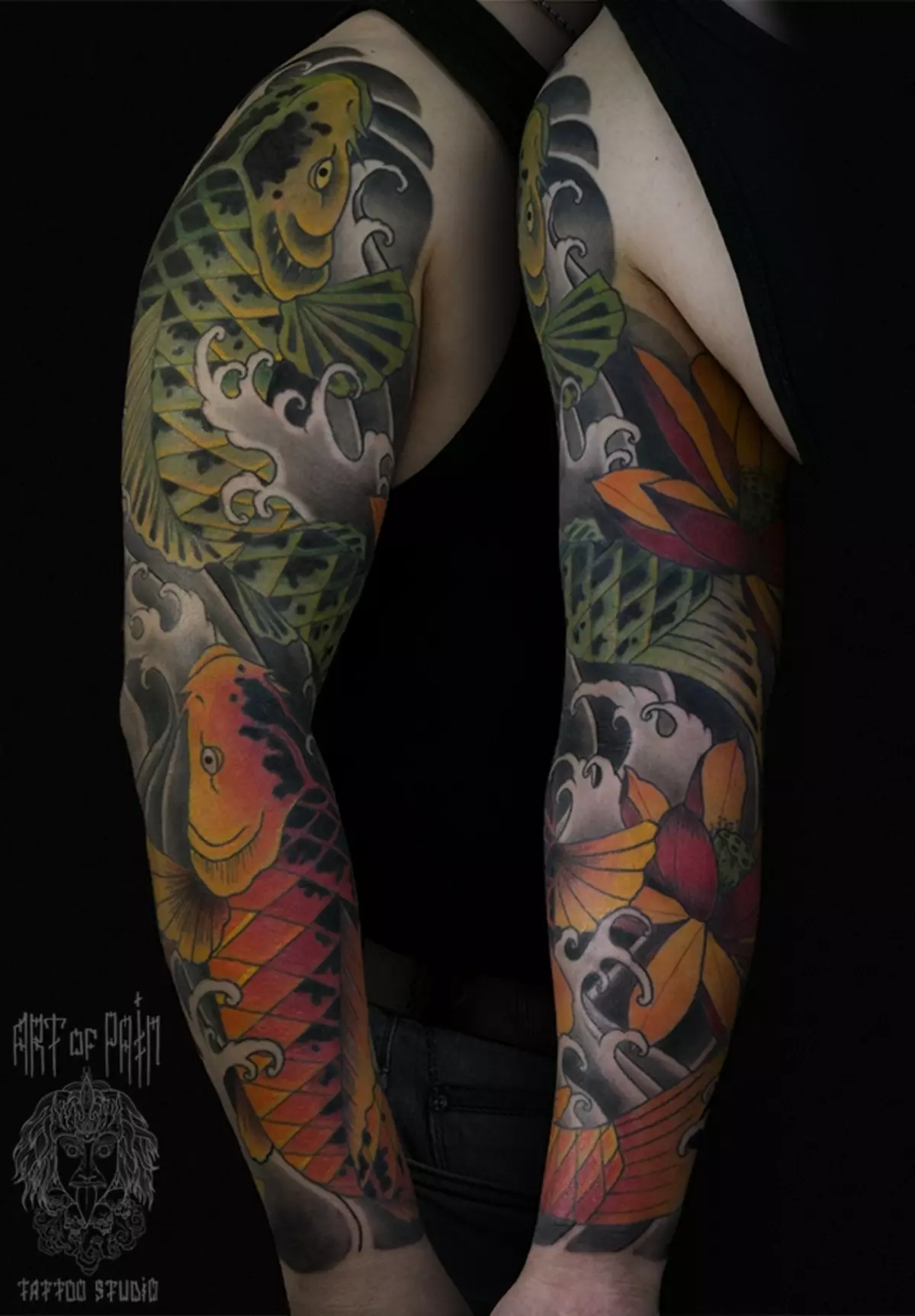 Жапония татуировкасы: Жеңіл: жапондық татуировкасы, қара және ақ және түрлі-түсті. Жартылай аукцион және тұтас «жеңдер», әйелдер және ерлердің нұсқалары 13923_6