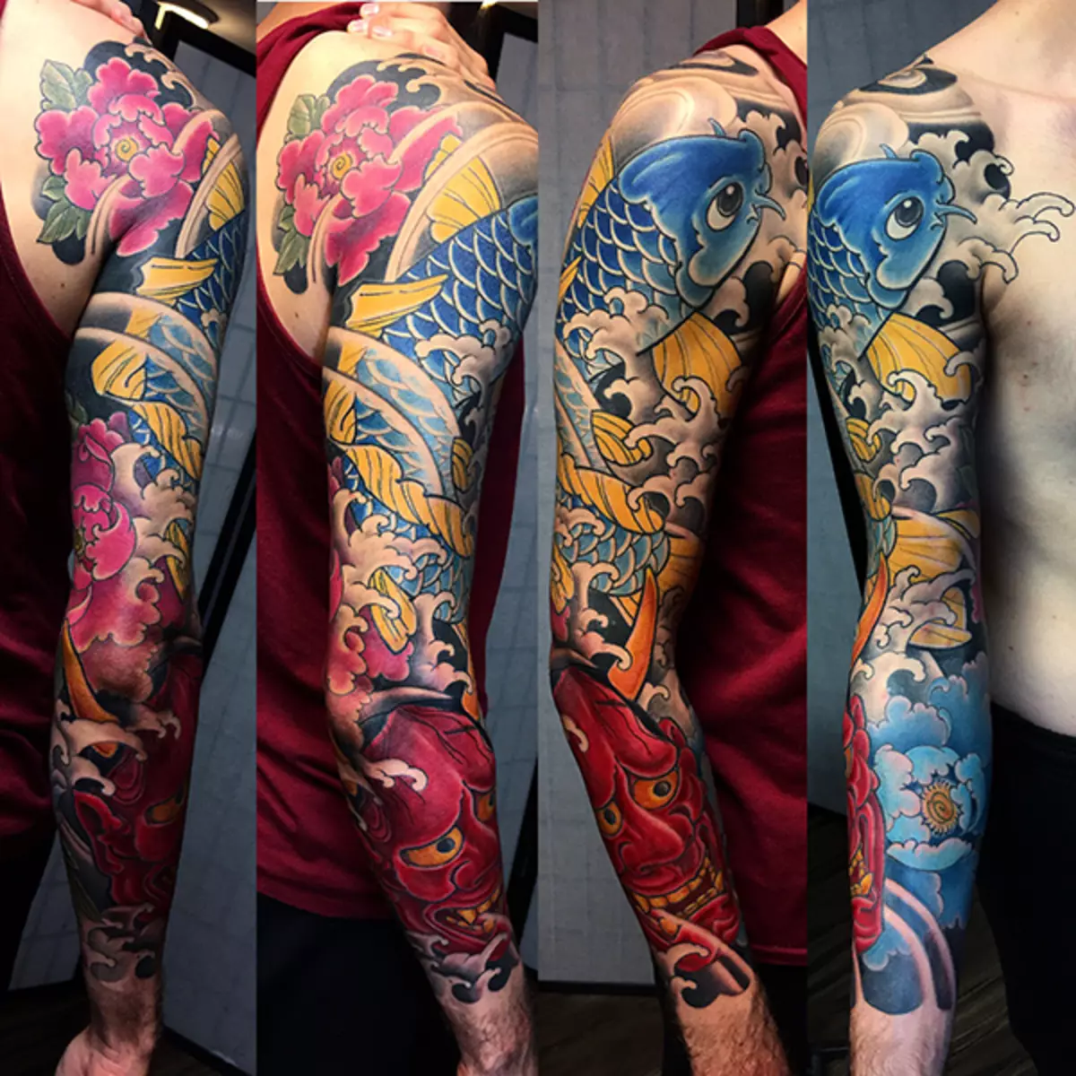 იაპონიის Tattoo Sleeves: იაპონური tattoo სკეტჩები, შავი და თეთრი და ფერადი. ნახევრად აუქციონი და მთელი 