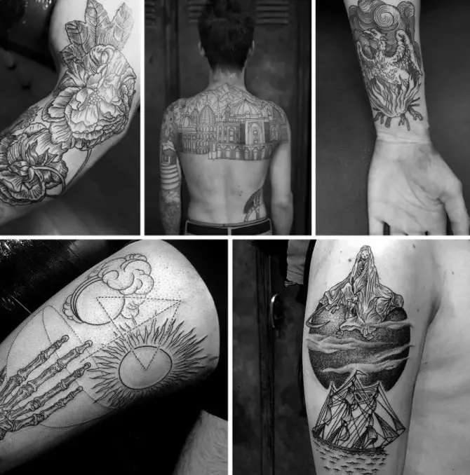 Тетоважа гравирање: скици на тетоважи, карактеристики на гравирање стил, тетоважа во форма на ракави и други цртежи опции 13929_9