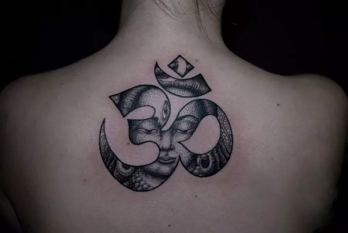 OM Tattoo: Tattoo-arvo Mantra-symbolin muodossa, tatuointi kaulassa ja takana, olkapäässä ja muut kehon osat, luonnokset 13932_7