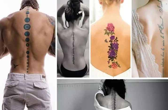 Tattoo op 'e rêch: Tatoeaazjes-ynskripsje lâns de rêch en blommen op' e cervikale vertebra, stjerren en planeten, tekens fan 'e zodiac en oare tatoet. Sketsen 13939_14