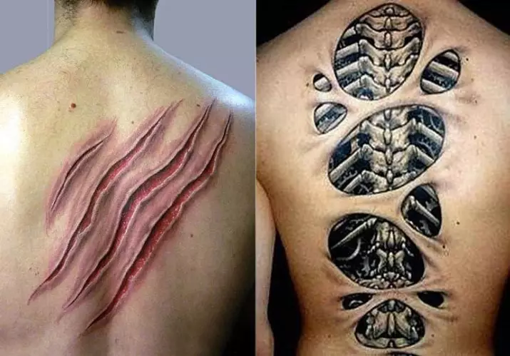 Tattoo op 'e rêch: Tatoeaazjes-ynskripsje lâns de rêch en blommen op' e cervikale vertebra, stjerren en planeten, tekens fan 'e zodiac en oare tatoet. Sketsen 13939_17