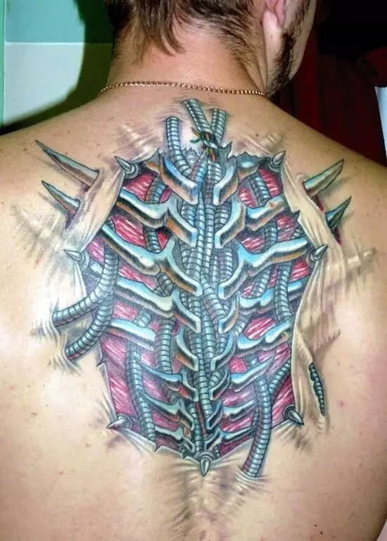 Tattoo op 'e rêch: Tatoeaazjes-ynskripsje lâns de rêch en blommen op' e cervikale vertebra, stjerren en planeten, tekens fan 'e zodiac en oare tatoet. Sketsen 13939_19