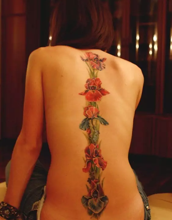 Tattoo op 'e rêch: Tatoeaazjes-ynskripsje lâns de rêch en blommen op' e cervikale vertebra, stjerren en planeten, tekens fan 'e zodiac en oare tatoet. Sketsen 13939_25