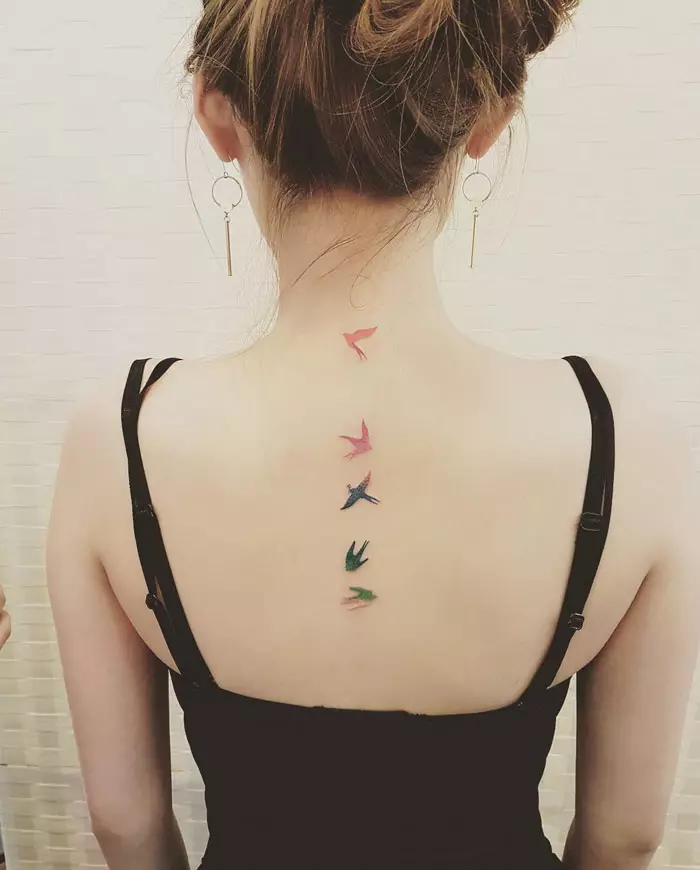 Tattoo op 'e rêch: Tatoeaazjes-ynskripsje lâns de rêch en blommen op' e cervikale vertebra, stjerren en planeten, tekens fan 'e zodiac en oare tatoet. Sketsen 13939_27