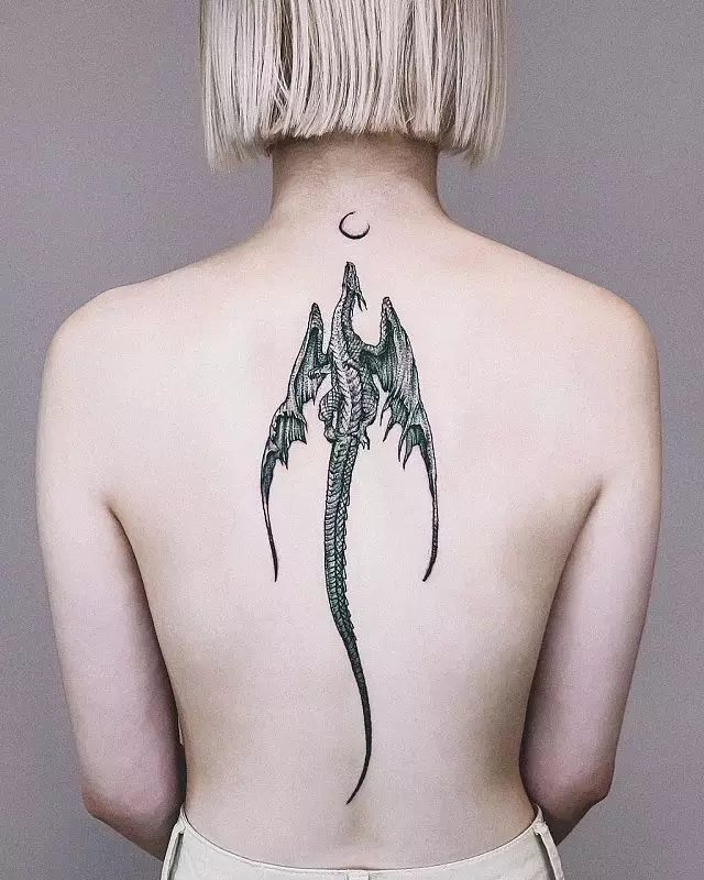 Tattoo op 'e rêch: Tatoeaazjes-ynskripsje lâns de rêch en blommen op' e cervikale vertebra, stjerren en planeten, tekens fan 'e zodiac en oare tatoet. Sketsen 13939_30