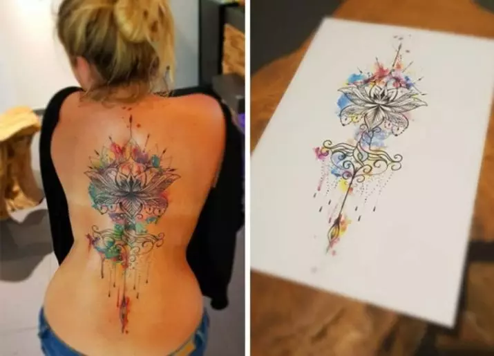 Tattoo op 'e rêch: Tatoeaazjes-ynskripsje lâns de rêch en blommen op' e cervikale vertebra, stjerren en planeten, tekens fan 'e zodiac en oare tatoet. Sketsen 13939_42