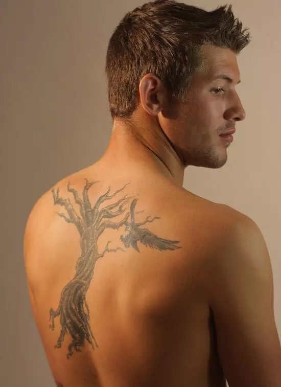 Tattoo op 'e rêch: Tatoeaazjes-ynskripsje lâns de rêch en blommen op' e cervikale vertebra, stjerren en planeten, tekens fan 'e zodiac en oare tatoet. Sketsen 13939_45
