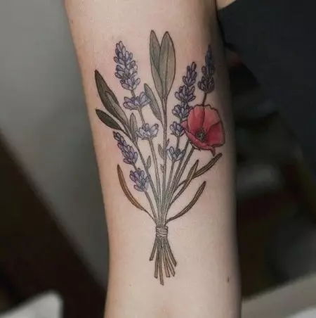 Tattoo ine lavender: Iko kukosha kweTattoos yevasikana uye kune varume, sketches. Tattoo paruoko uye pane clavicle, pagumbo uye pachiuno, pamabvu uye pane dzimwe nhengo dzemuviri 13943_16