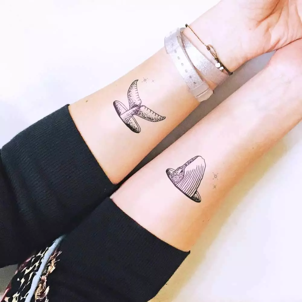 Таттоо са китовима: вредност тетоважа и скица, таттоо за девојке и за мушкарце. Таттоо на руци и на ребрима, плава и бела китова. Мали и Велики тетоваже 13963_15