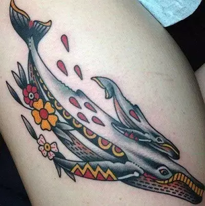 Тетоважа со китови: вредноста на тетоважите и скици, тетоважа за девојки и за мажи. Тетоважа на рака и на ребра, сини и бели китови. Малку и големи тетоважи 13963_17