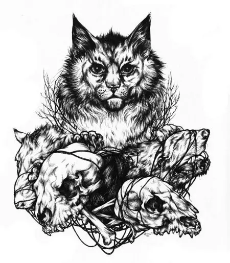 タトゥー「猫」（64写真）：スケッチと意味、手の上の黒猫、体の他の部分、帽子の猫、男性と女性のためのタトゥーの猫 13966_21