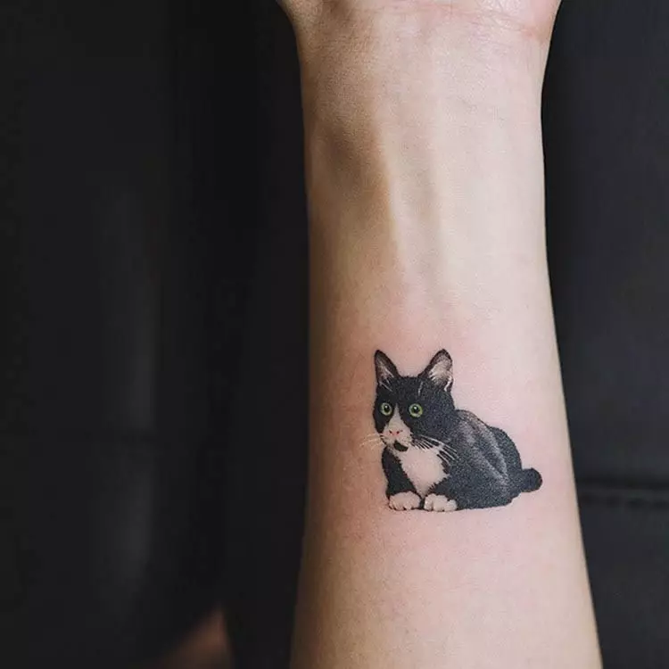 タトゥー「猫」（64写真）：スケッチと意味、手の上の黒猫、体の他の部分、帽子の猫、男性と女性のためのタトゥーの猫 13966_33