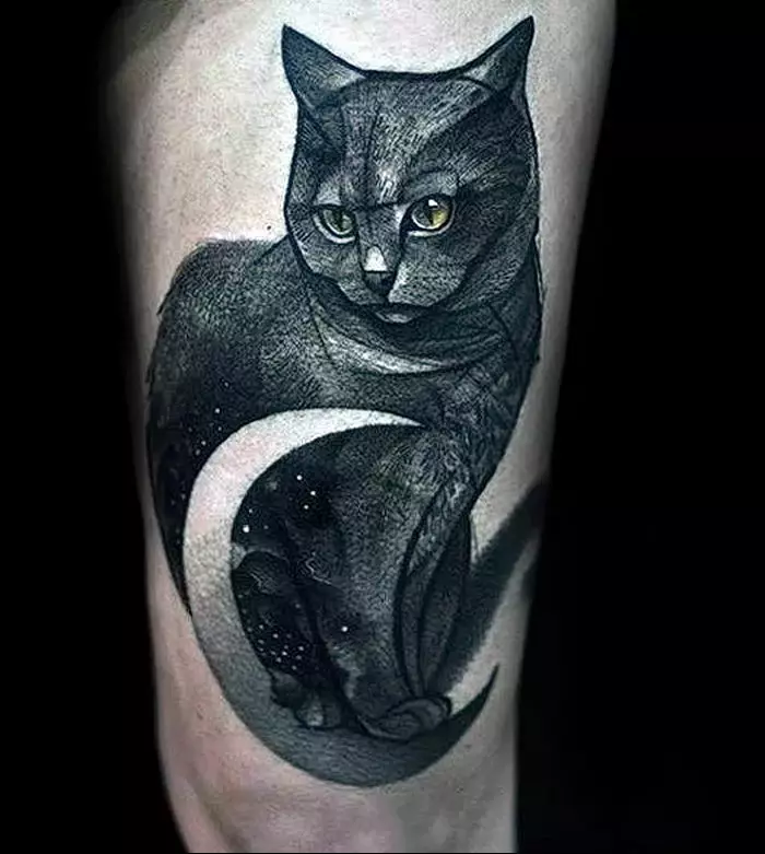 タトゥー「猫」（64写真）：スケッチと意味、手の上の黒猫、体の他の部分、帽子の猫、男性と女性のためのタトゥーの猫 13966_55