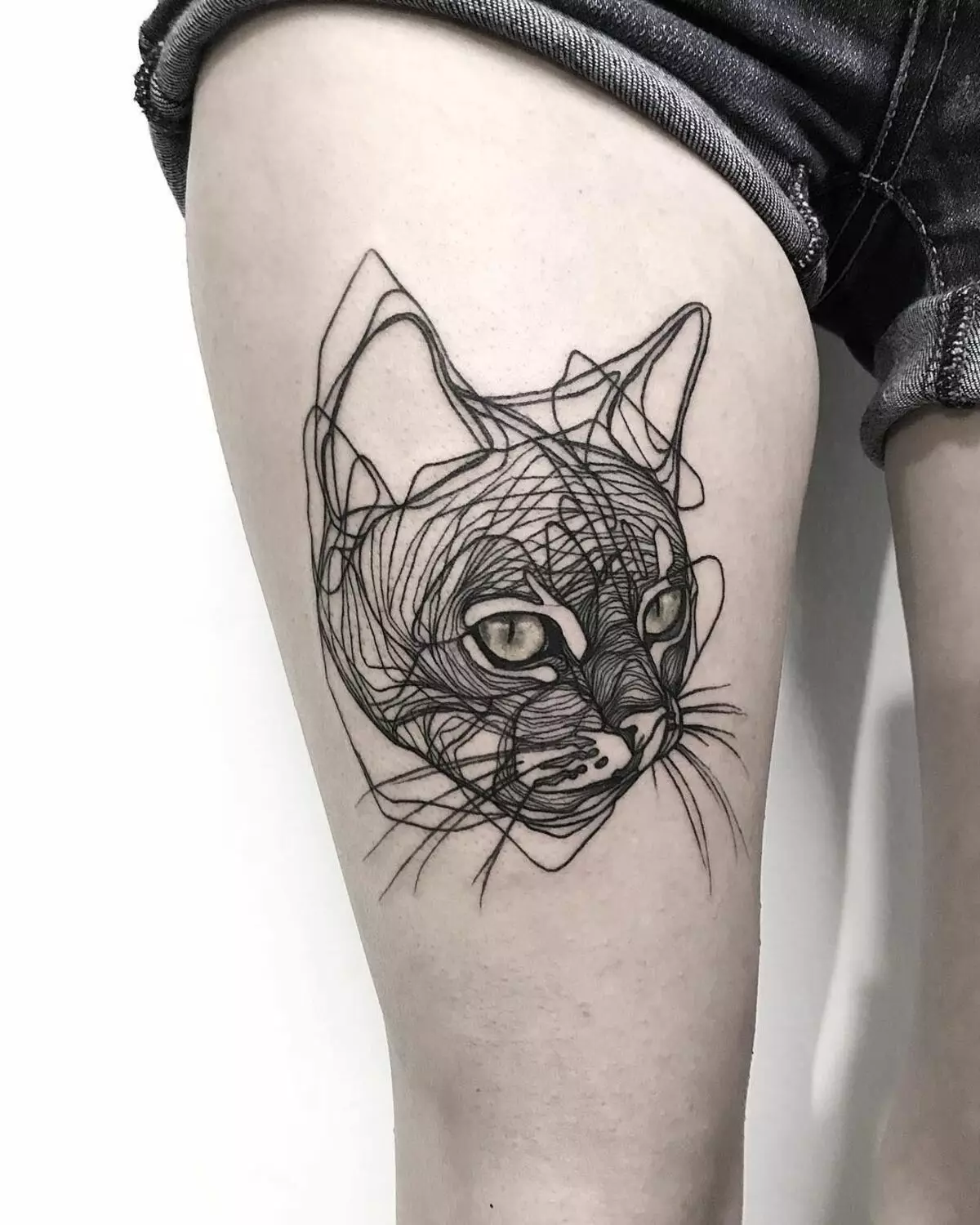 タトゥー「猫」（64写真）：スケッチと意味、手の上の黒猫、体の他の部分、帽子の猫、男性と女性のためのタトゥーの猫 13966_8