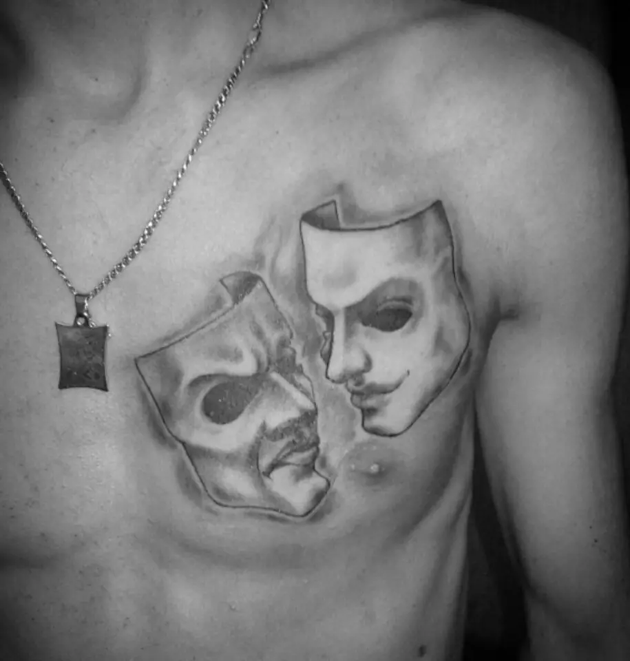 紋身“劇院面具”：男女紋身的價值和草圖，紋身與面具的美麗例子，象徵著喜劇和悲劇 13970_16
