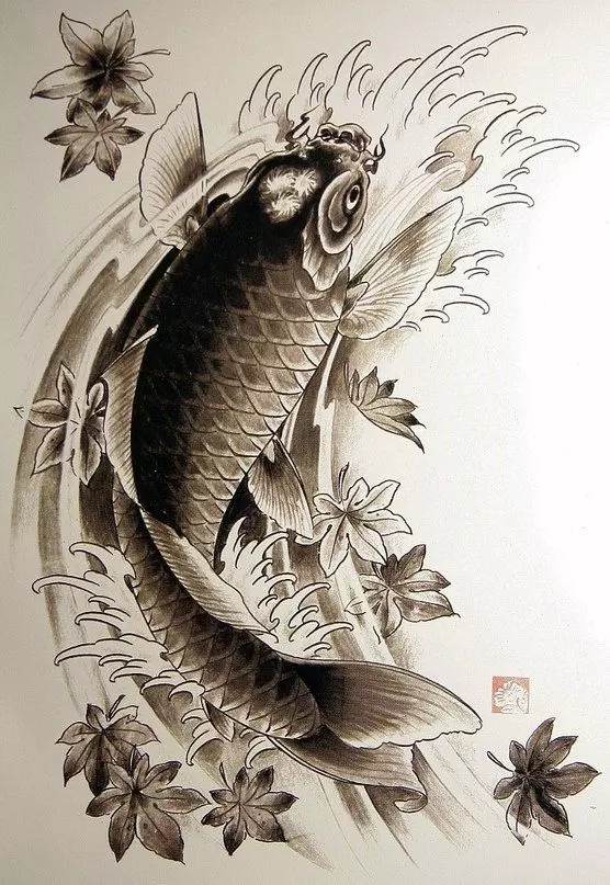 タトゥー「CARP」：男性と女の子のための入れ墨の価値、スケッチ、手の上、そして肩の上、前腕の上、黄金の中国の鯉やその他の選択肢の例 13971_13