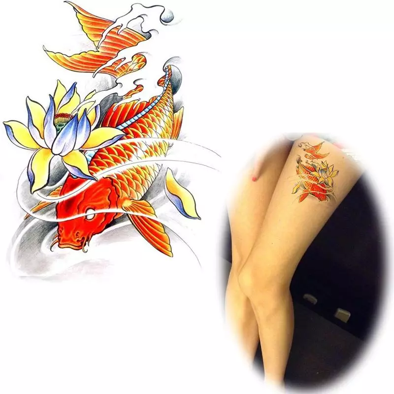 タトゥー「CARP」：男性と女の子のための入れ墨の価値、スケッチ、手の上、そして肩の上、前腕の上、黄金の中国の鯉やその他の選択肢の例 13971_15