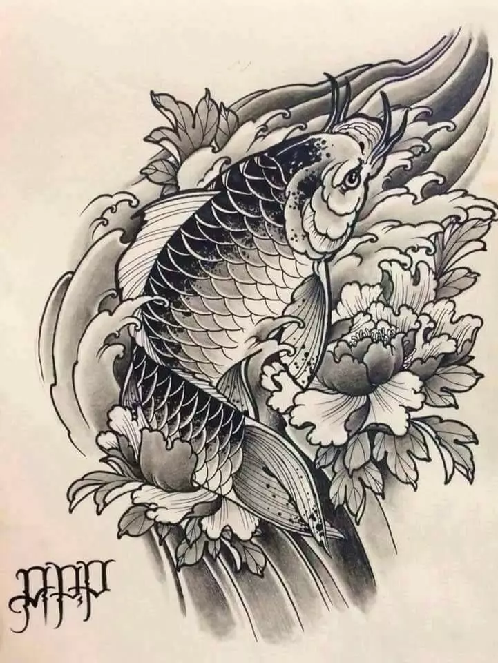 タトゥー「CARP」：男性と女の子のための入れ墨の価値、スケッチ、手の上、そして肩の上、前腕の上、黄金の中国の鯉やその他の選択肢の例 13971_18