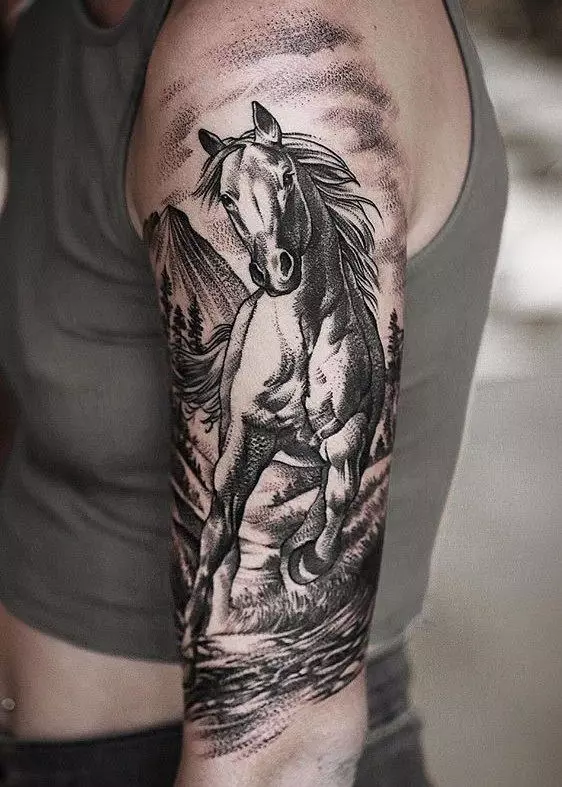 Tattoo Hevosilla: Tatuoinnit, tatuointi hevoset tytöille ja miehille, tatuointi käsillä ja takana, hevosten kallo ja fiery hevonen, muut vaihtoehdot 13974_14