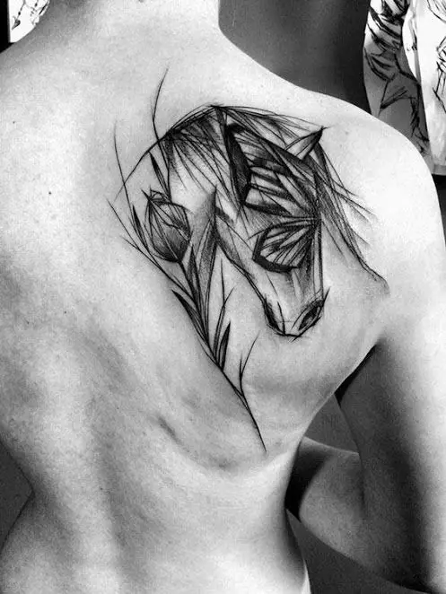 Tattoo Hevosilla: Tatuoinnit, tatuointi hevoset tytöille ja miehille, tatuointi käsillä ja takana, hevosten kallo ja fiery hevonen, muut vaihtoehdot 13974_27