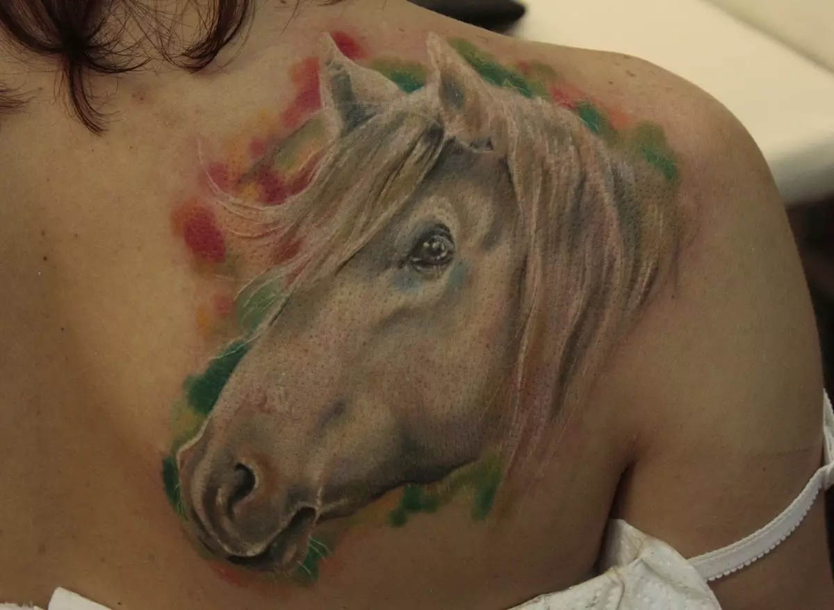 Tatuaj cu cai: schițe și valoare de tatuaje, cai de tatuaj pentru fete și pentru bărbați, tatuaj la îndemână și pe spate, craniu de cai și cal de foc, alte opțiuni 13974_31