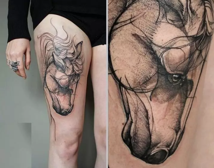 Tatuaj cu cai: schițe și valoare de tatuaje, cai de tatuaj pentru fete și pentru bărbați, tatuaj la îndemână și pe spate, craniu de cai și cal de foc, alte opțiuni 13974_45