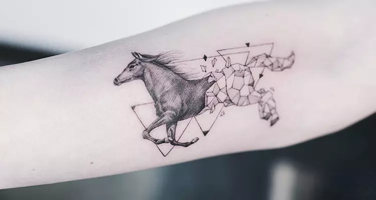 Tato dengan kuda: sketsa dan nilai tato, kuda tato untuk anak perempuan dan untuk pria, tato di tangan dan di belakang, tengkorak kuda dan kuda berapi-api, pilihan lain 13974_5