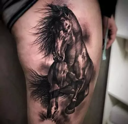 Tato dengan kuda: sketsa dan nilai tato, kuda tato untuk anak perempuan dan untuk pria, tato di tangan dan di belakang, tengkorak kuda dan kuda berapi-api, pilihan lain 13974_8