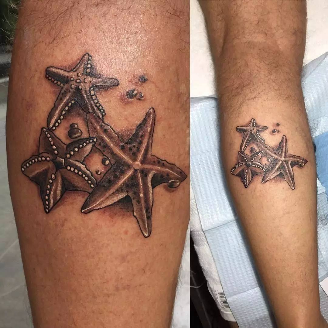 Tattoo cu stele (76 fotografii): Valoarea tatuajelor. Tatuaj pe mâna lui pe încheietura mâinii și pe deget, pe piept și pe alte părți ale corpului printre fete și bărbați. Cinci stele și altele 13977_60