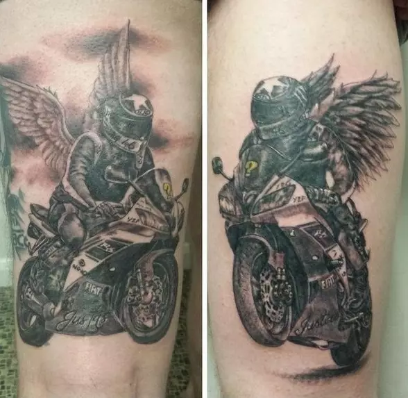 Tatuazh për motoçiklistët: motor dhe tatuazhe të tjera biker, skica. Tatuazh në dorën tuaj në furçë dhe në pjesë të tjera të trupit për bikers meshkuj 13978_19