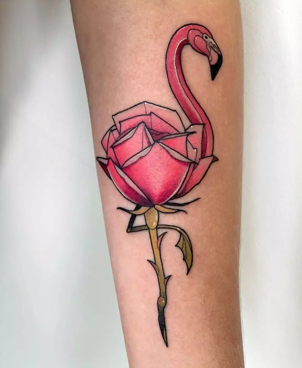 Tattoo yokhala ndi Flamingo: mtengo wa atsikana ndi amuna, zojambulajambula za ma tattoo. Tattoo 