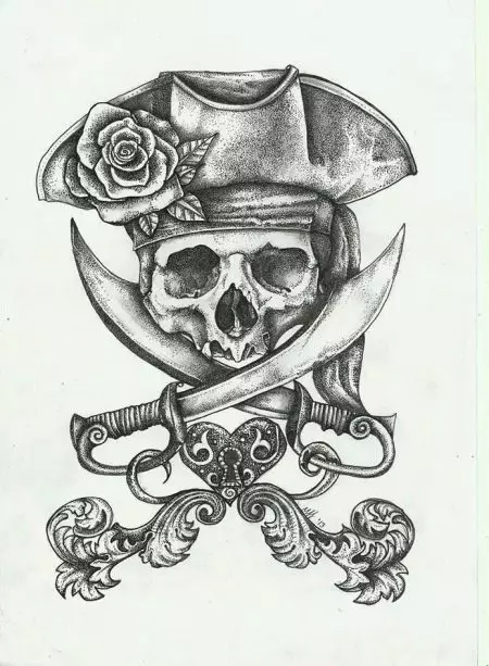纹身“海盗”：海盗纹身的含义。与加勒比海的草图，带头骨和旗帜，其他想法。纹身在肩部，胸部和身体的其他部位 13991_18