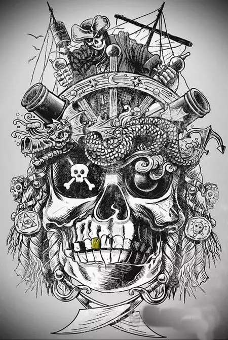 紋身“海盜”：海盜紋身的含義。與加勒比海的草圖，帶頭骨和旗幟，其他想法。紋身在肩部，胸部和身體的其他部位 13991_27