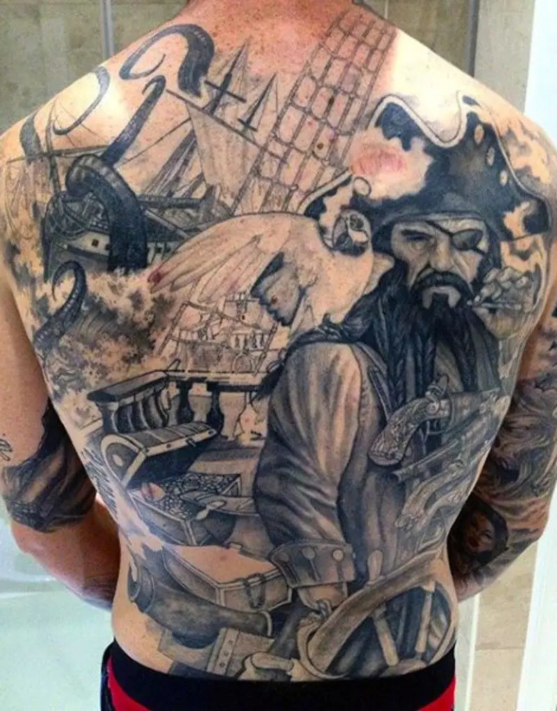 纹身“海盗”：海盗纹身的含义。与加勒比海的草图，带头骨和旗帜，其他想法。纹身在肩部，胸部和身体的其他部位 13991_28