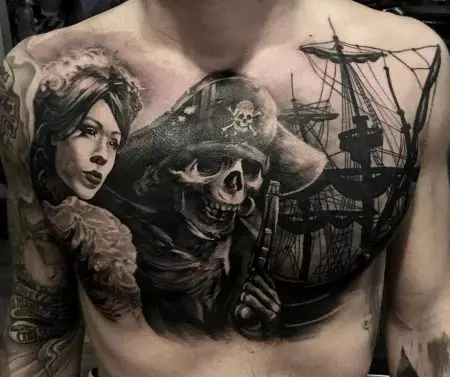 纹身“海盗”：海盗纹身的含义。与加勒比海的草图，带头骨和旗帜，其他想法。纹身在肩部，胸部和身体的其他部位 13991_30