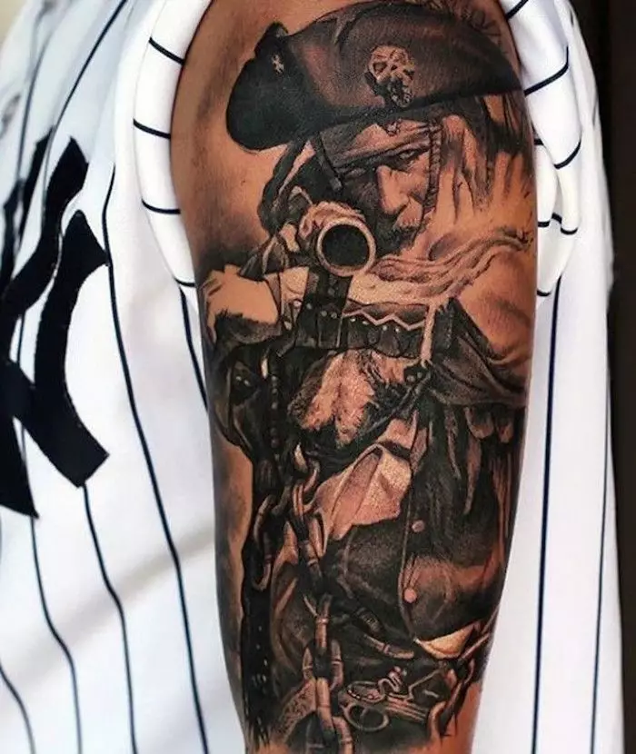 纹身“海盗”：海盗纹身的含义。与加勒比海的草图，带头骨和旗帜，其他想法。纹身在肩部，胸部和身体的其他部位 13991_5