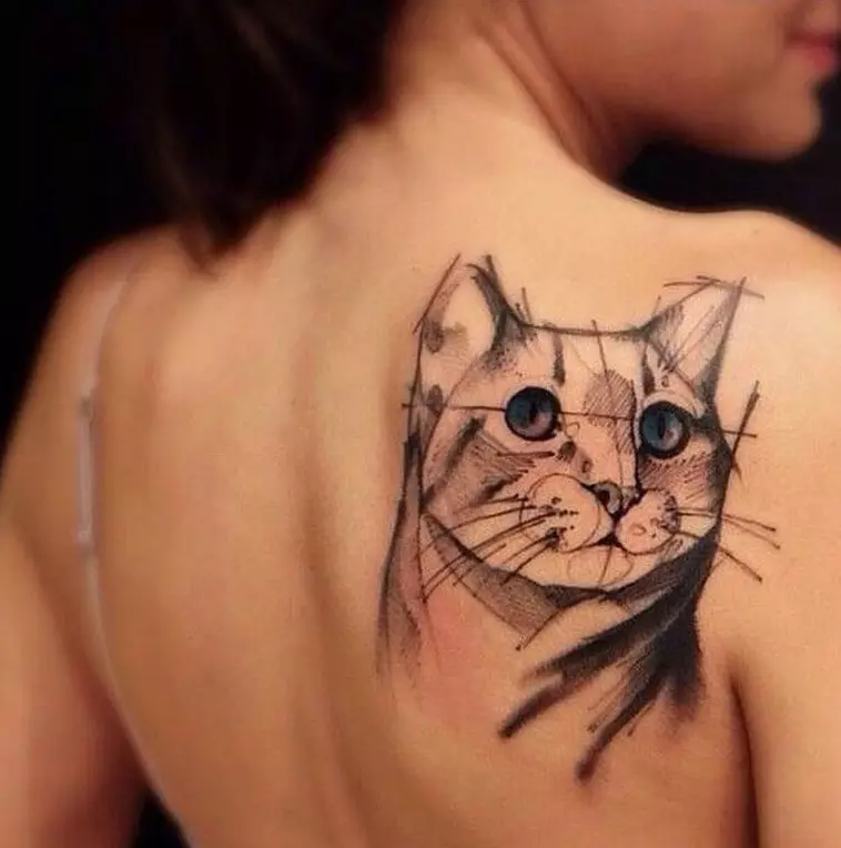 Тату «Кішка» (76 фото): значення і ескізи татуювання з чорною кішкою на руці, з кішкою з ріжками і з чорно-білої маленької кішечкою на шиї, животі і зап'ястя 14007_21