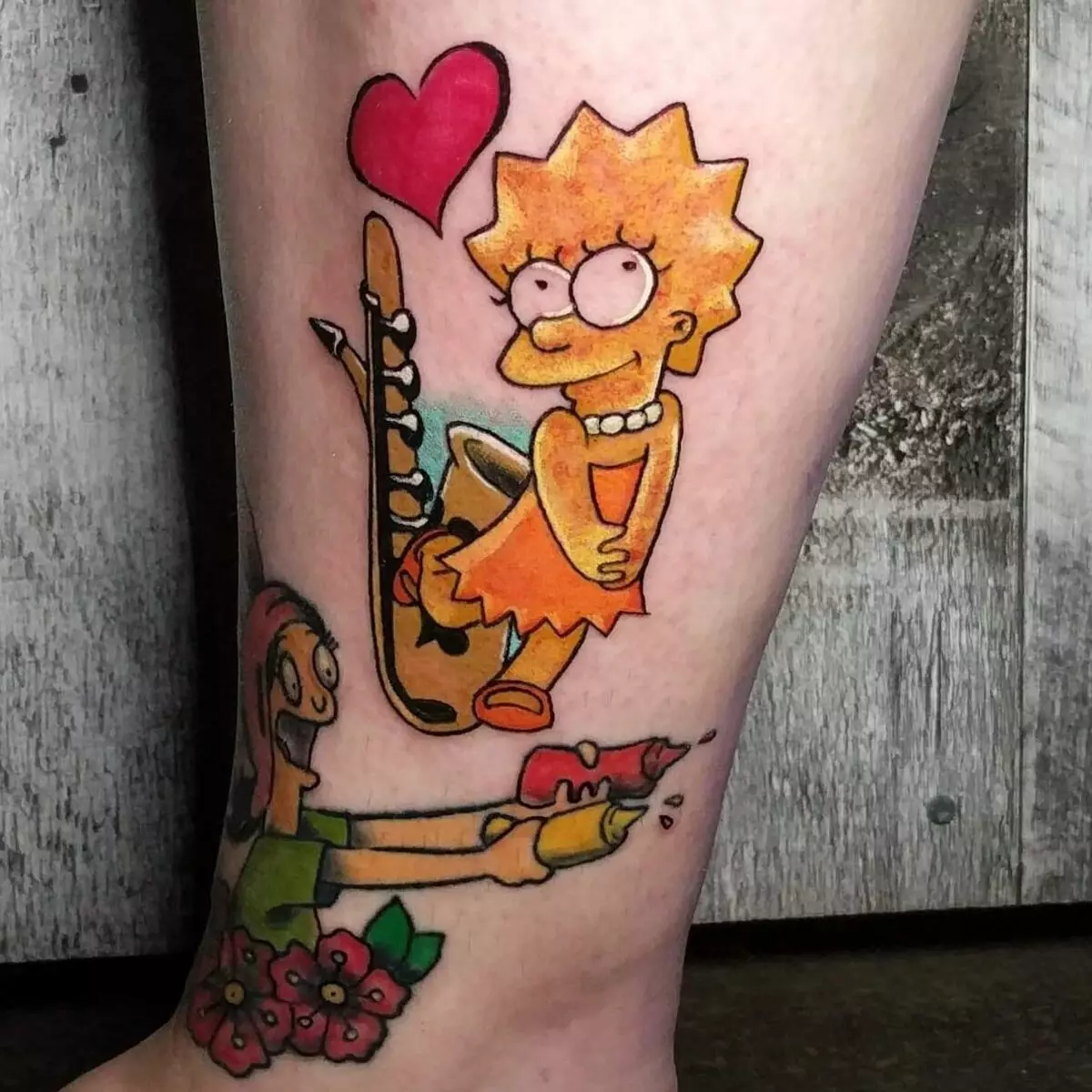 Simpsons Tattoo: Skizzen Tätowierung mit Bart und Homer, Liza, Schwarzweiß-Weiß und anderen Tätowierungen an der Hand, auf Lippen und anderen weiblichen Körpers 14020_18
