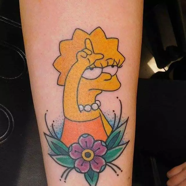 Simpsons tato: sketsa tato jeung Bart na Homer, Liza, Hideung jeung Bodas jeung lianna tato dina Hand, Dina Biwir na Awak bikang lianna 14020_19