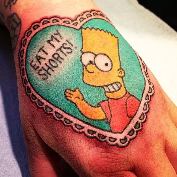 Simpsons tato: sketsa tato jeung Bart na Homer, Liza, Hideung jeung Bodas jeung lianna tato dina Hand, Dina Biwir na Awak bikang lianna 14020_25