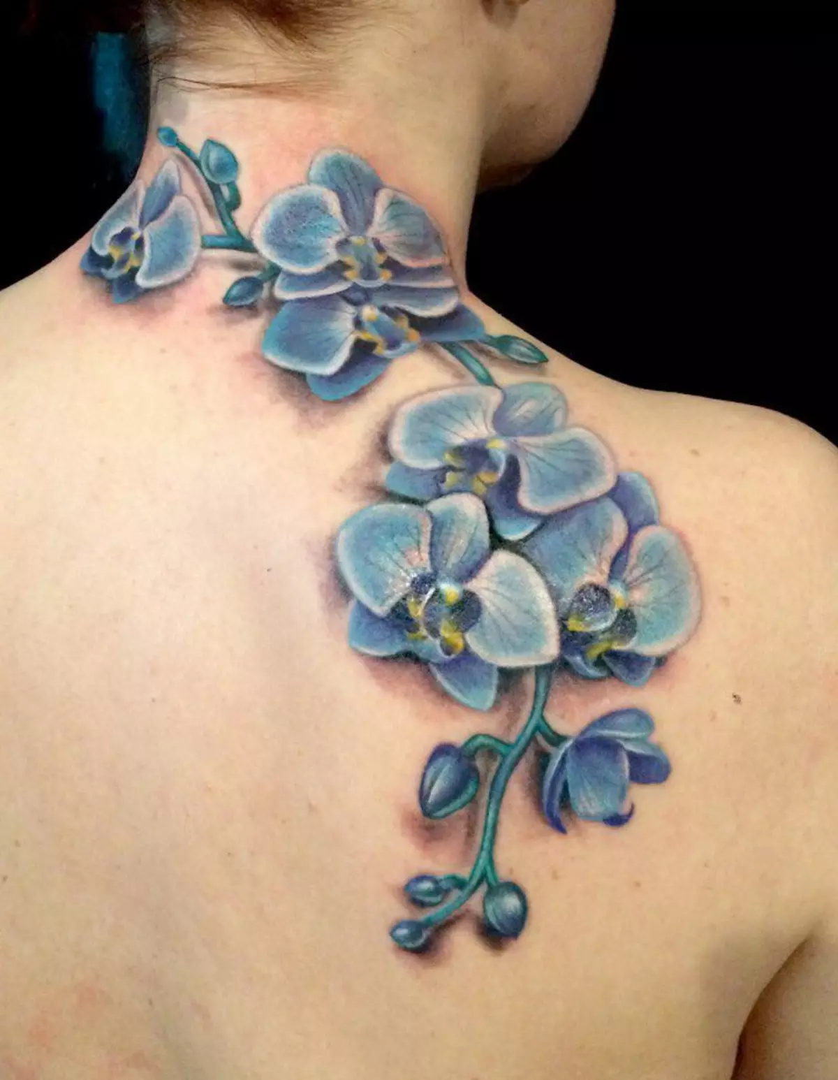 Tetoválás orchideákkal (57 fotók): Tattoo érték a lányoknak, vázlat áttekintés. Tetoválás a kezét és a lábát, a levegőt és a hátul, a vállon és a test más részein 14034_15