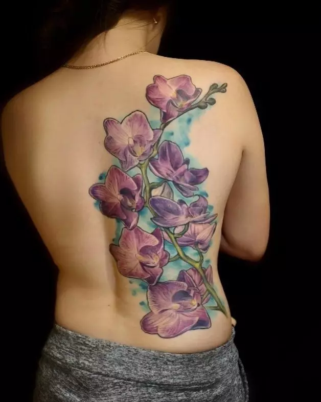 Tattoo z orhidejami (57 fotografij): tattoo vrednost za dekleta, skica pregled. Tattoo na roki in nogi, na ključnico in na hrbtu, na rami in na drugih delih telesa 14034_3